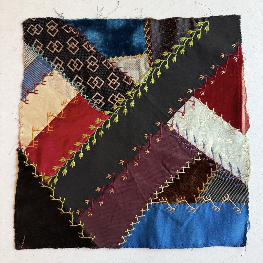 Antique Victorian Crazy Quilt Block Birds Dog Silk Velvet Embroidery Patchwork